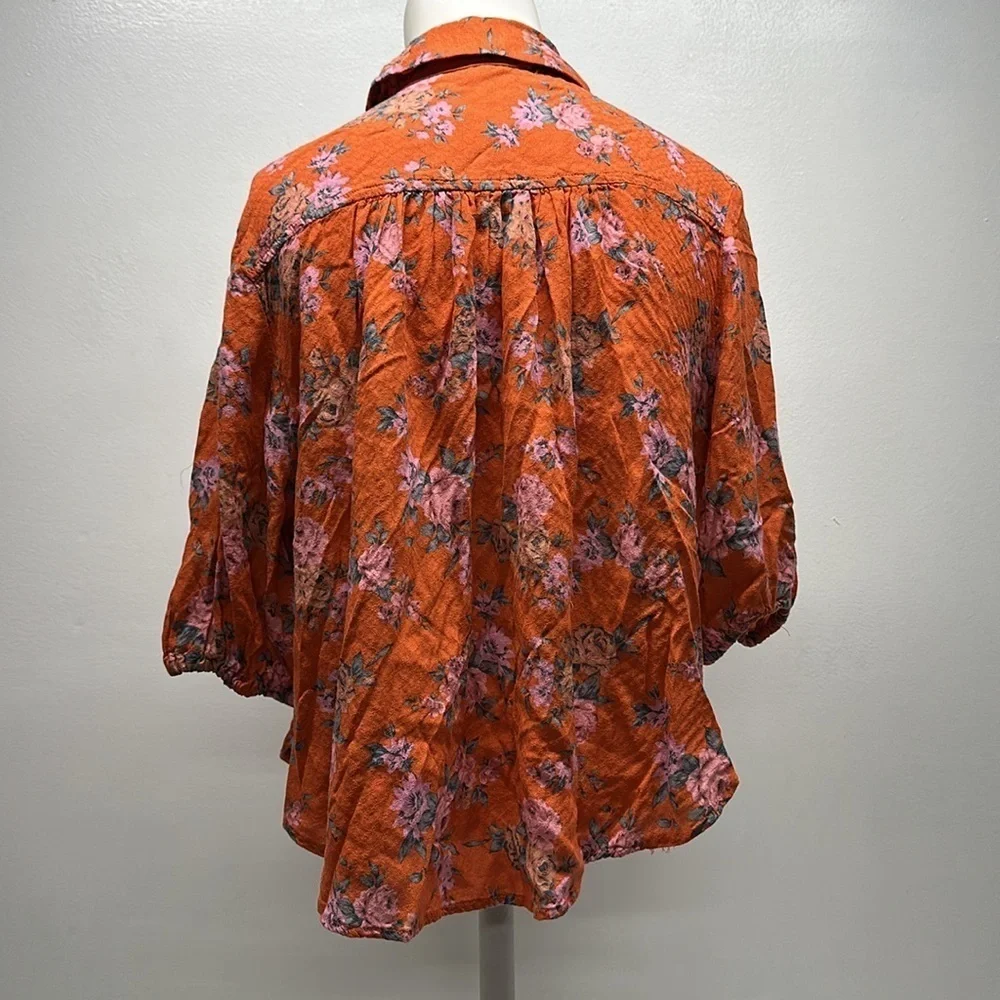 Free People Celia Blouse Top Short Sleeve Shirt Tie Front Floral Red Size Small